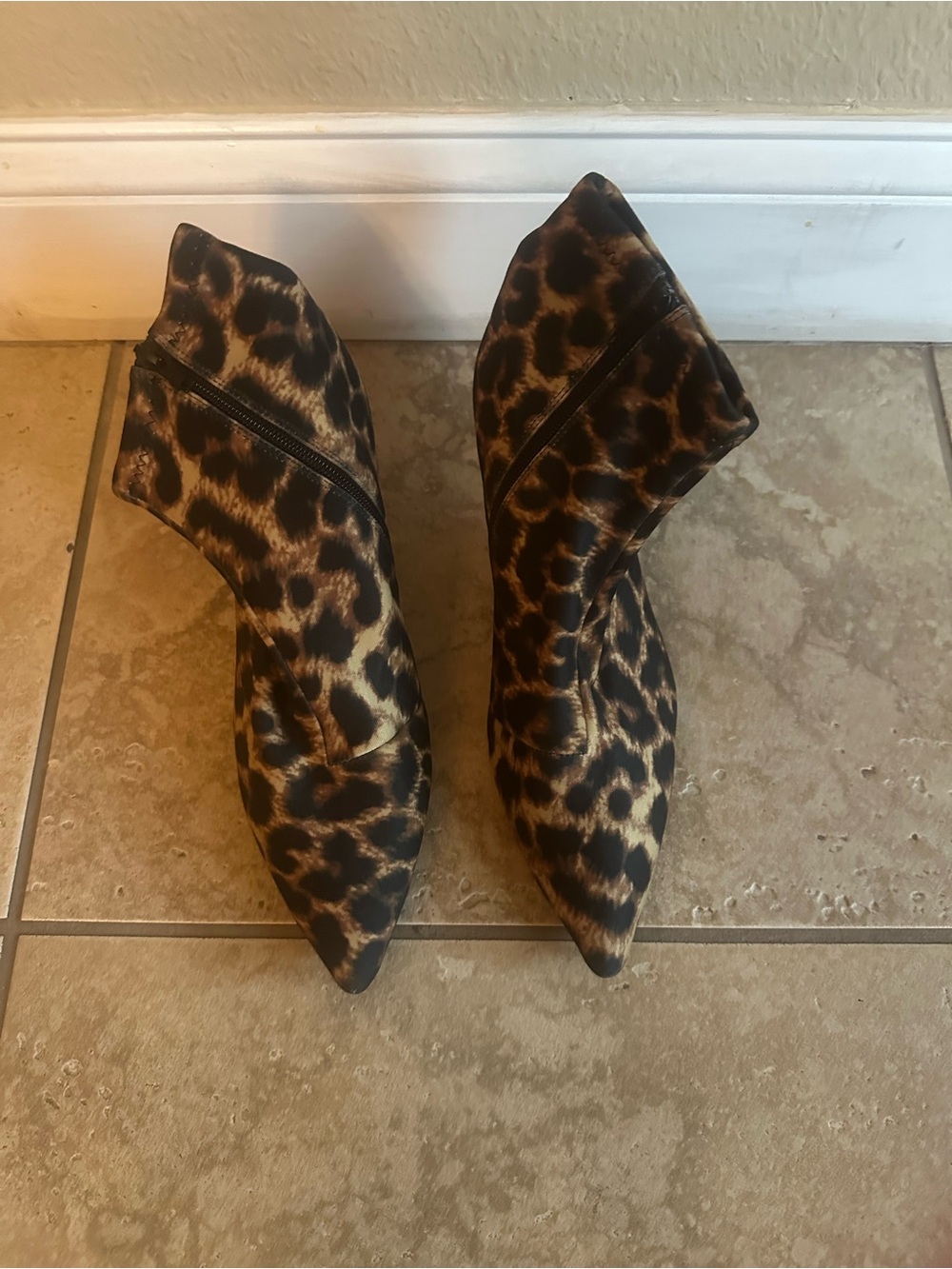 Leopard Print Pointed Toe Ankle Boots with Red Kitten Heel and Side Zipper Entry